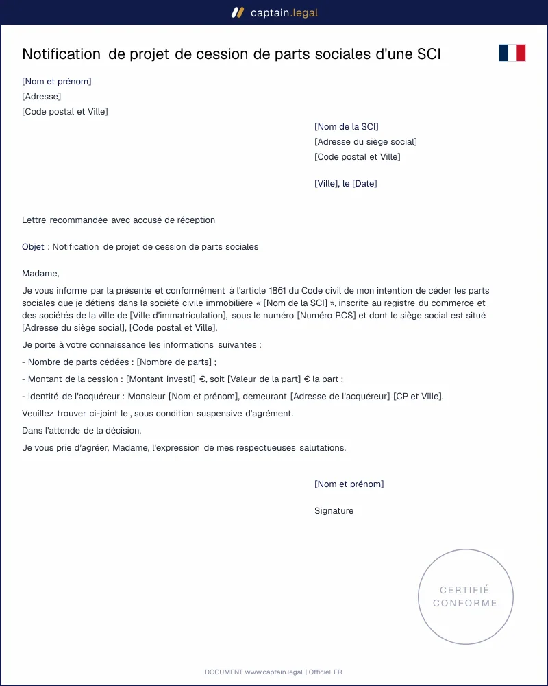 Projet de cession de parts sociales - SCI