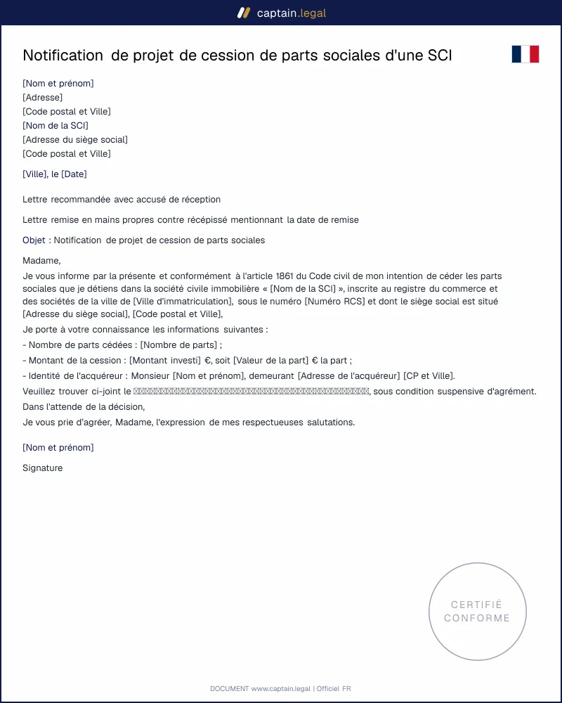 Projet de cession de parts sociales - SCI