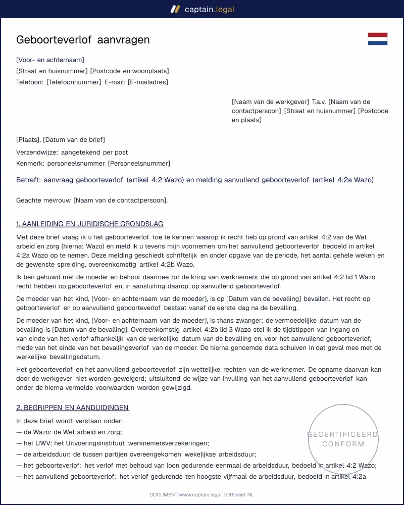 Aanvraag geboorteverlof | art. 4:2 en 4:2a Wazo