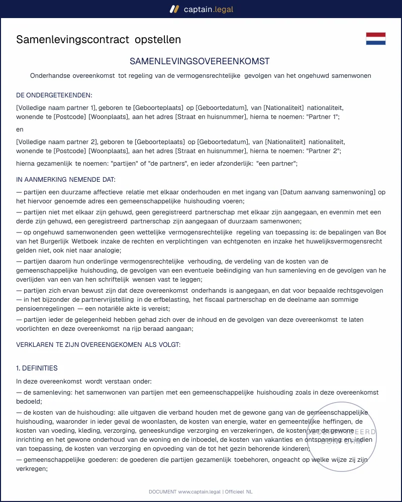 Samenlevingscontract model | art. 6:213 en 4:126 BW