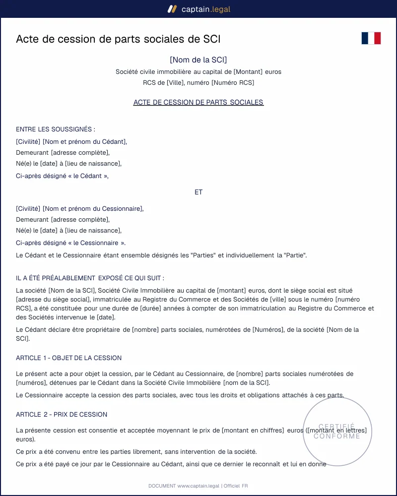 Acte de cession de parts sociales de SCI - PDF et Word