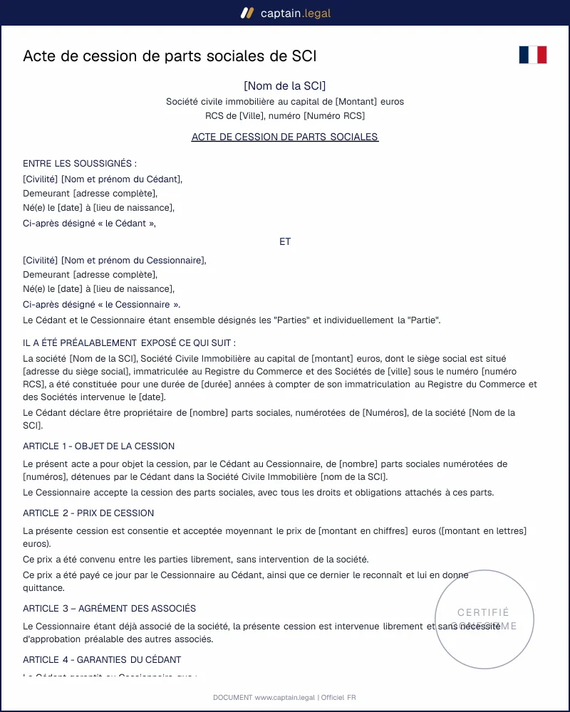 Acte de cession de parts sociales de SCI - PDF et Word