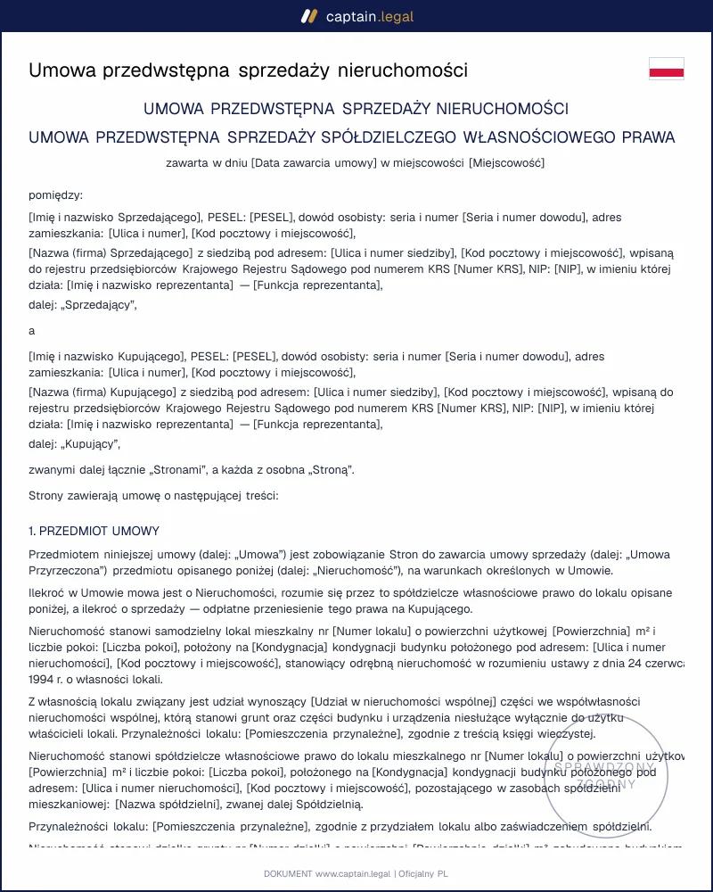 Umowa przedwstępna nieruchomości: wzór wg art. 389 KC