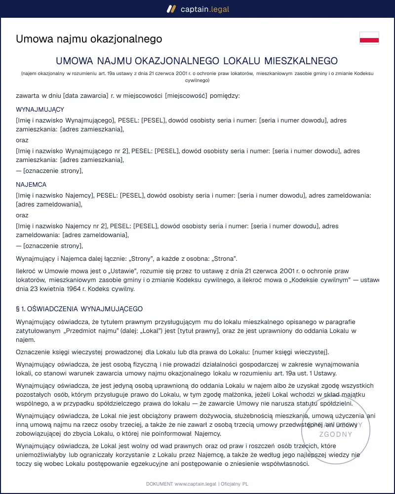 Najem okazjonalny: umowa zgodna z art. 19a ustawy