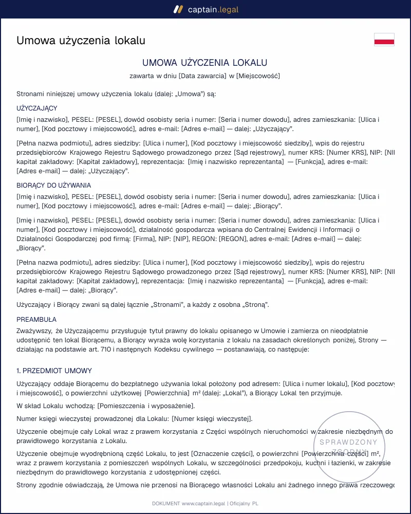 Umowa użyczenia lokalu, art. 710 Kodeksu cywilnego