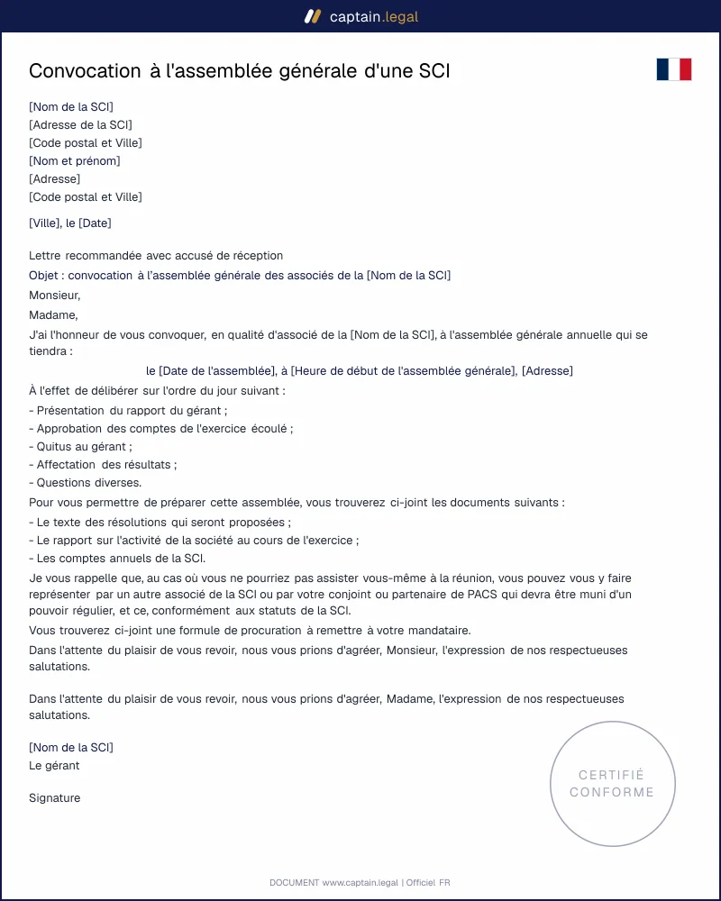 Convocation AG - Société civile immobilière