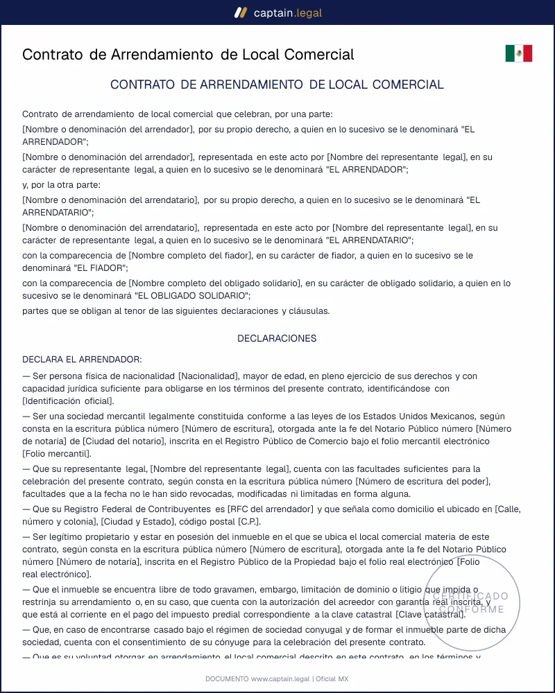 Contrato de arrendamiento comercial | art. 2398 CCF