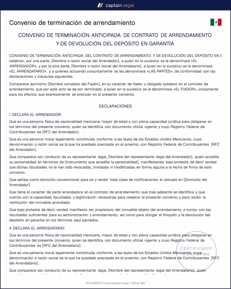 Convenio de terminación de arrendamiento (art. 2483 CCF)