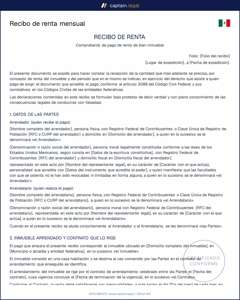 Recibo de renta mensual: art. 2448 E Código Civil CDMX