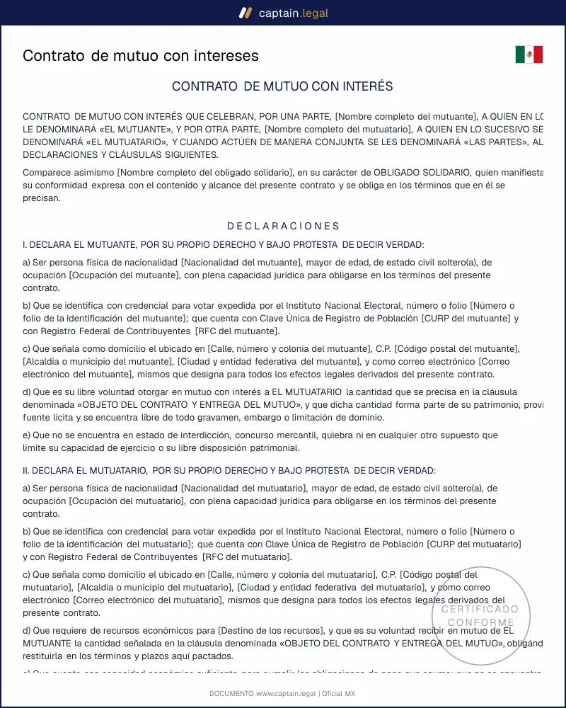 Contrato de mutuo con intereses (art. 2384 a 2397 CCF)