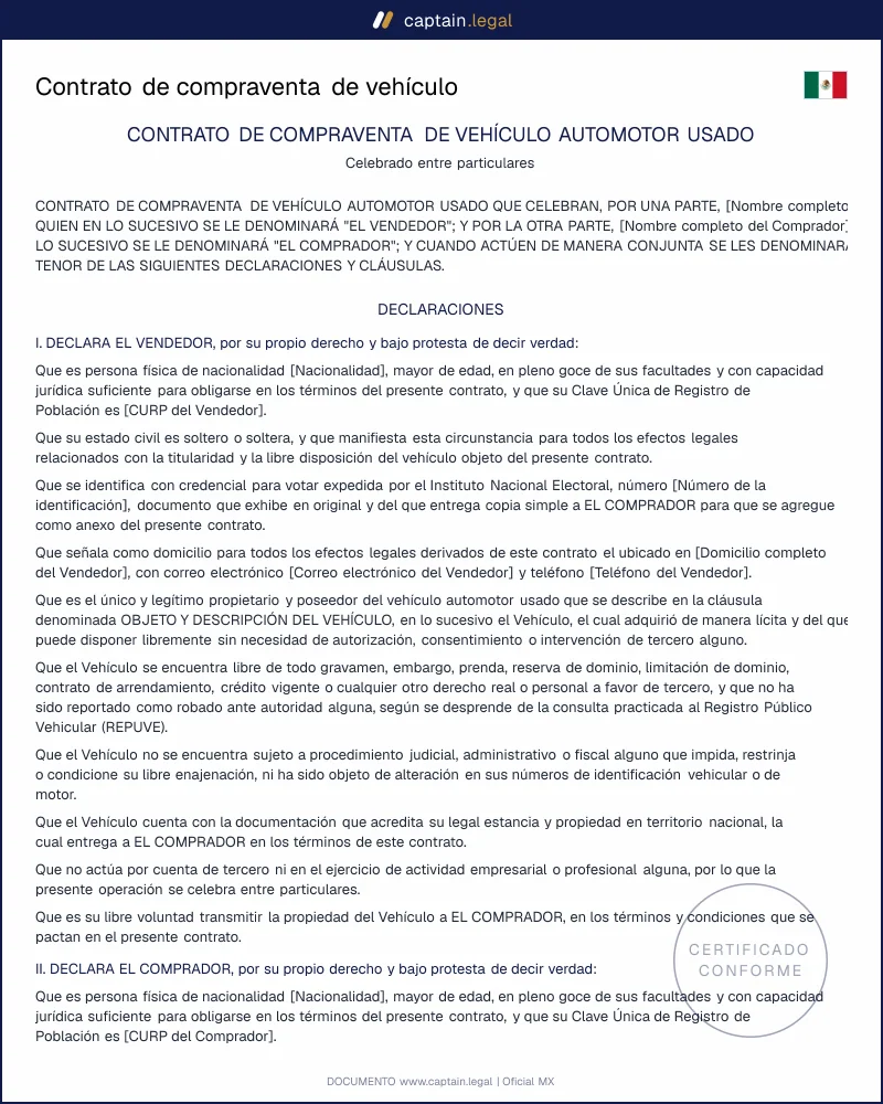 Contrato de compraventa de vehículo usado (art. 2248 CCF)