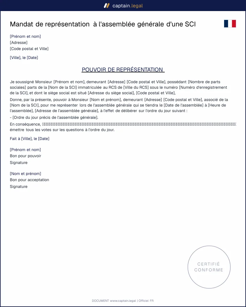 Modèle de mandat de représentation pour assemblée générale de SCI