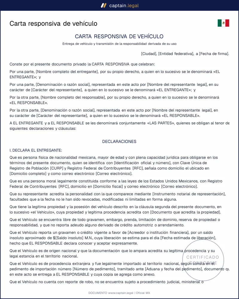 Carta responsiva de vehículo | Art. 1913 Código Civil