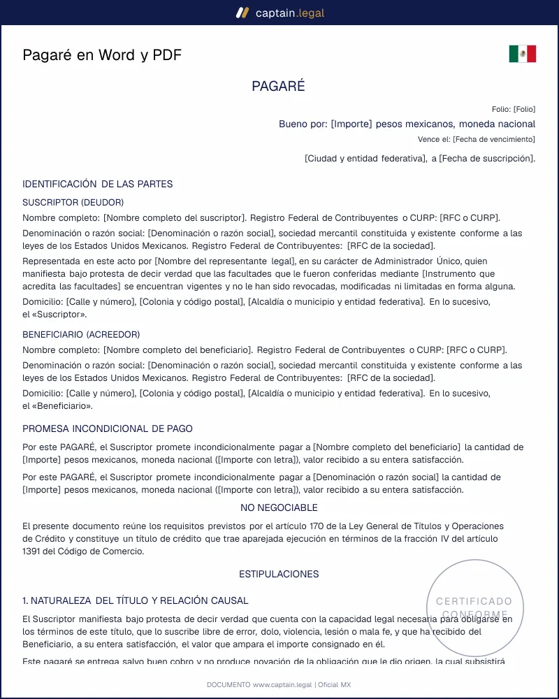 Pagaré: formato conforme al art. 170 LGTOC | Word y PDF