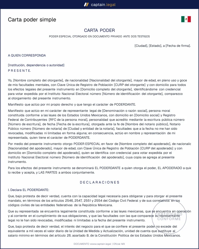 Carta poder simple: arts. 2551 y 2556 CCF | Word y PDF