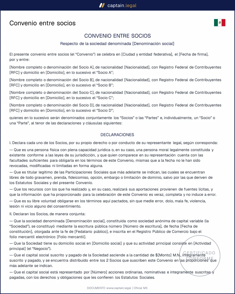 Convenio entre socios | Art. 198 LGSM | Word y PDF