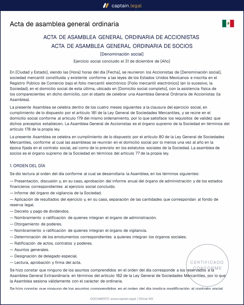 Acta de asamblea ordinaria | Art. 181 LGSM | Word y PDF