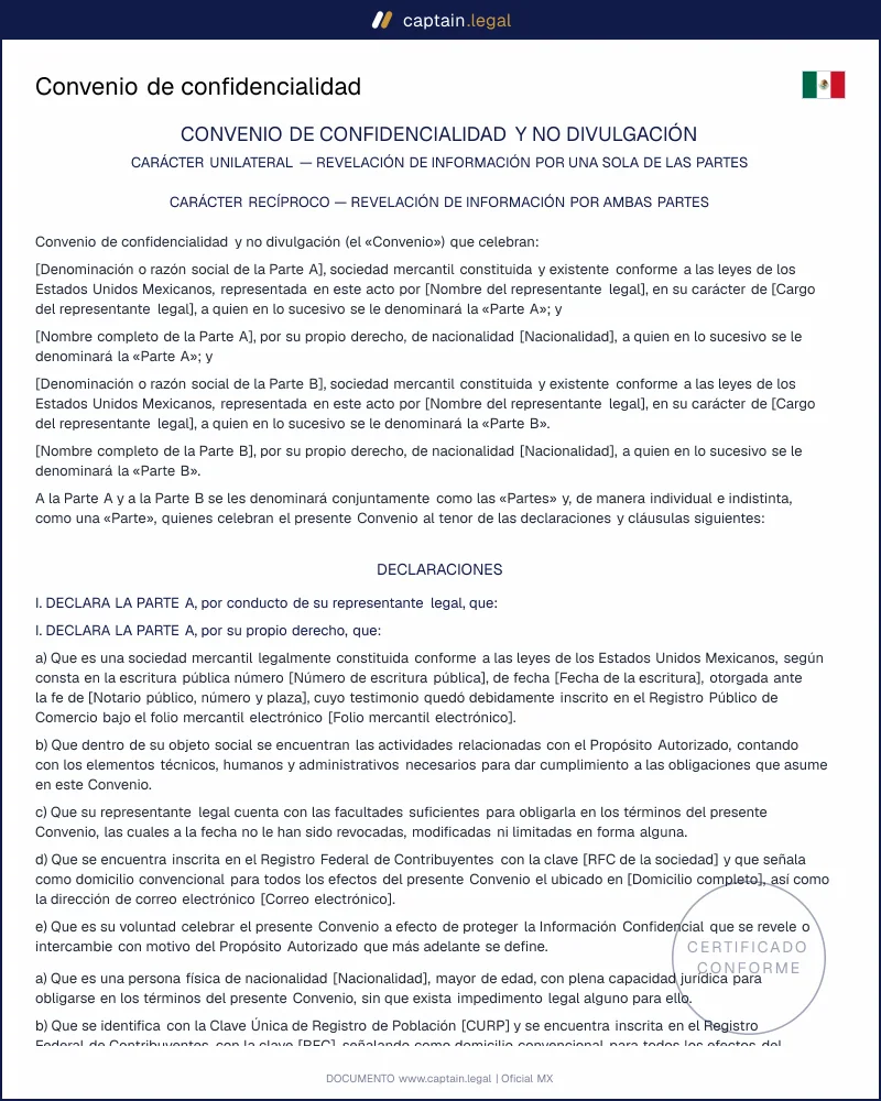 Convenio de confidencialidad: art. 163 LFPPI | Word y PDF