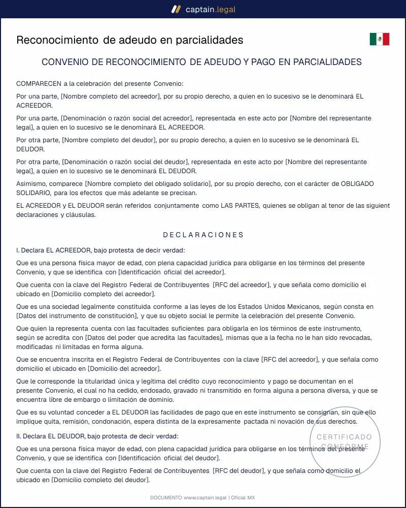 Reconocimiento de adeudo en parcialidades | art. 1168 CCF
