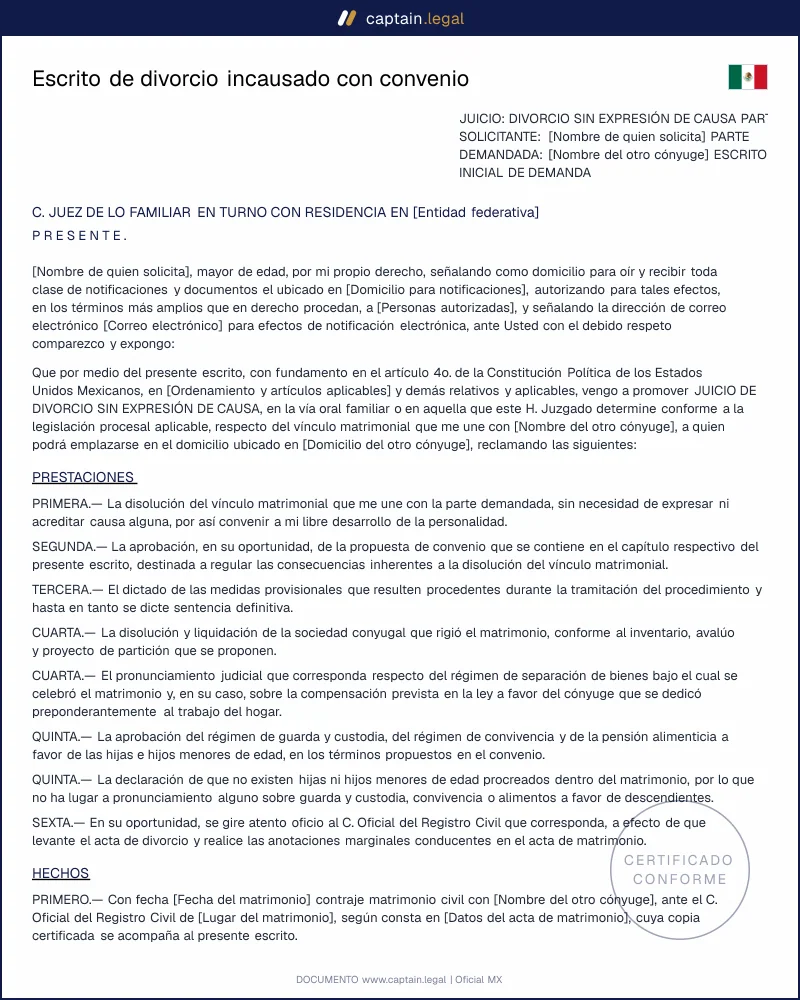 Divorcio incausado: escrito y convenio art. 267 CCDMX