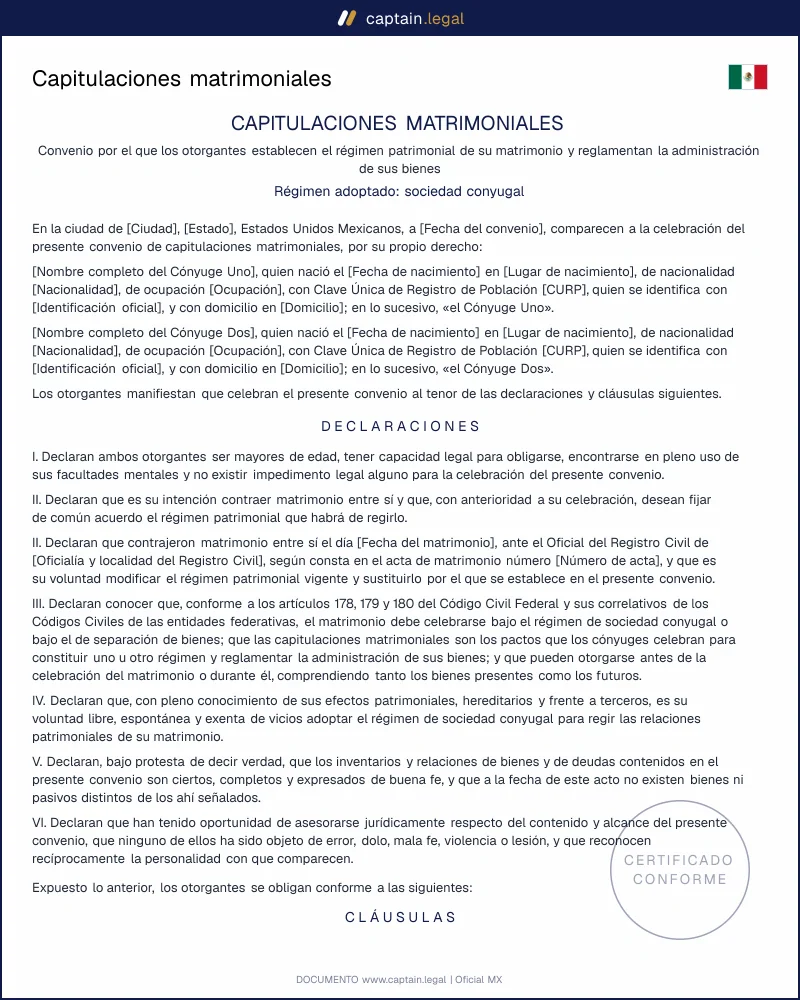 Capitulaciones matrimoniales | Art. 179 CCF | Word y PDF