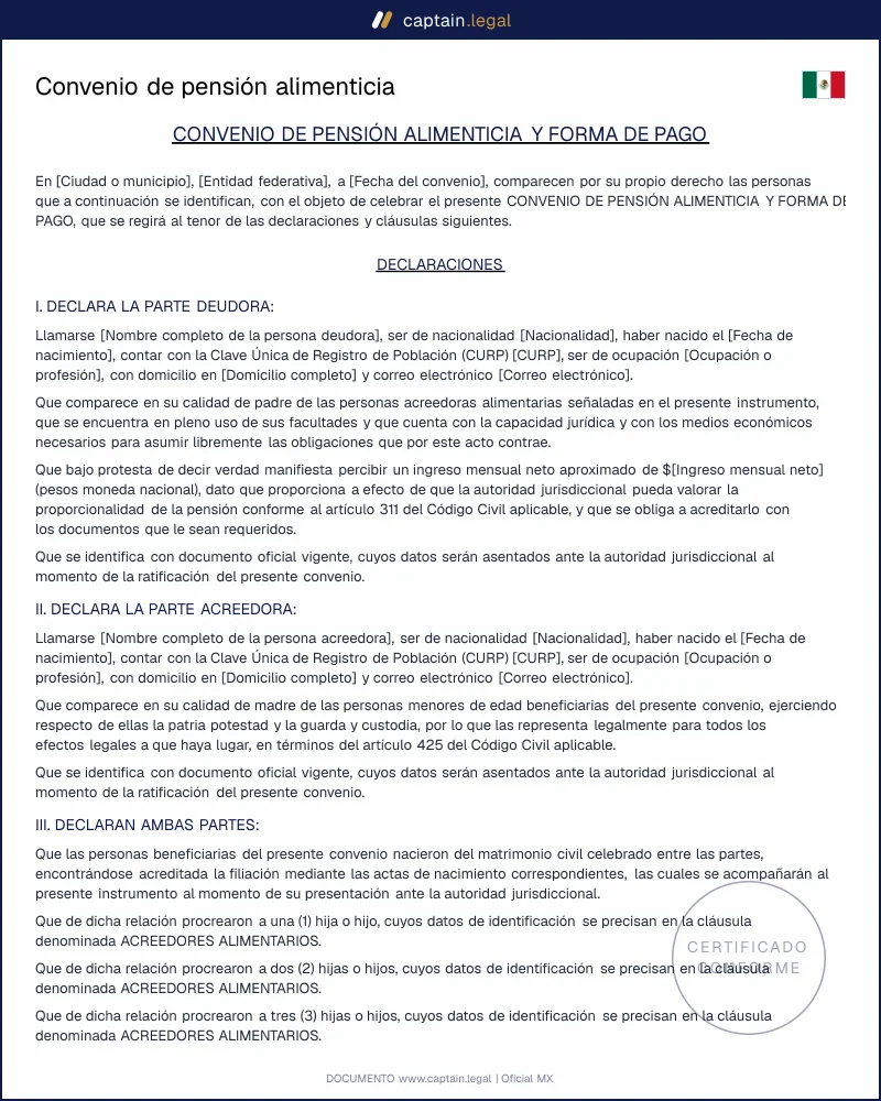 Convenio de pensión alimenticia | Art. 311 CCF | Word y PDF