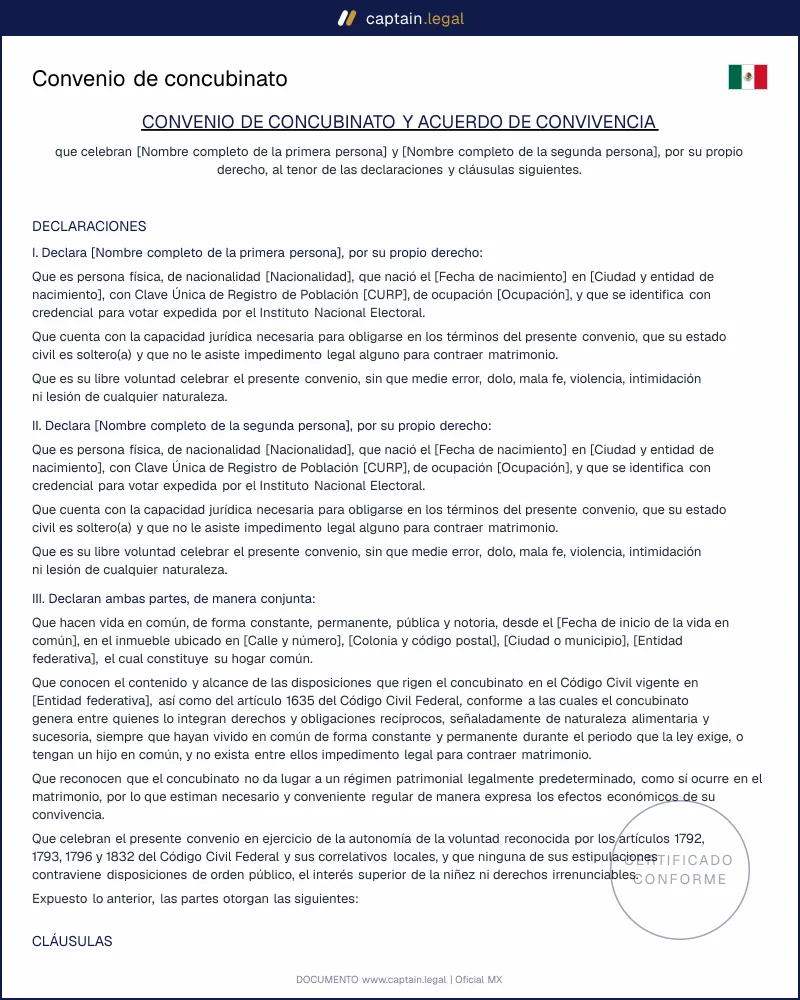 Convenio de concubinato | Arts. 291 Bis a 291 Quintus CCF