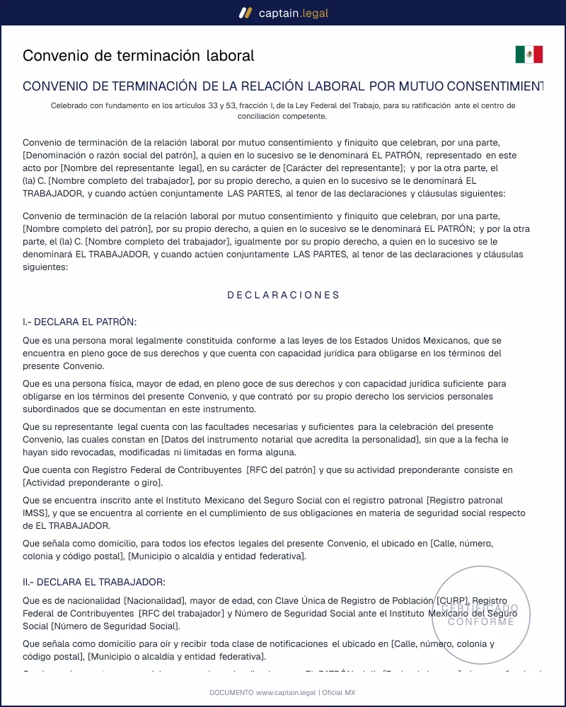 Convenio de terminación laboral: arts. 53 y 987 LFT | México