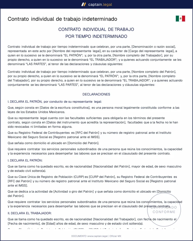 Contrato individual de trabajo | Art. 25 LFT | Word y PDF