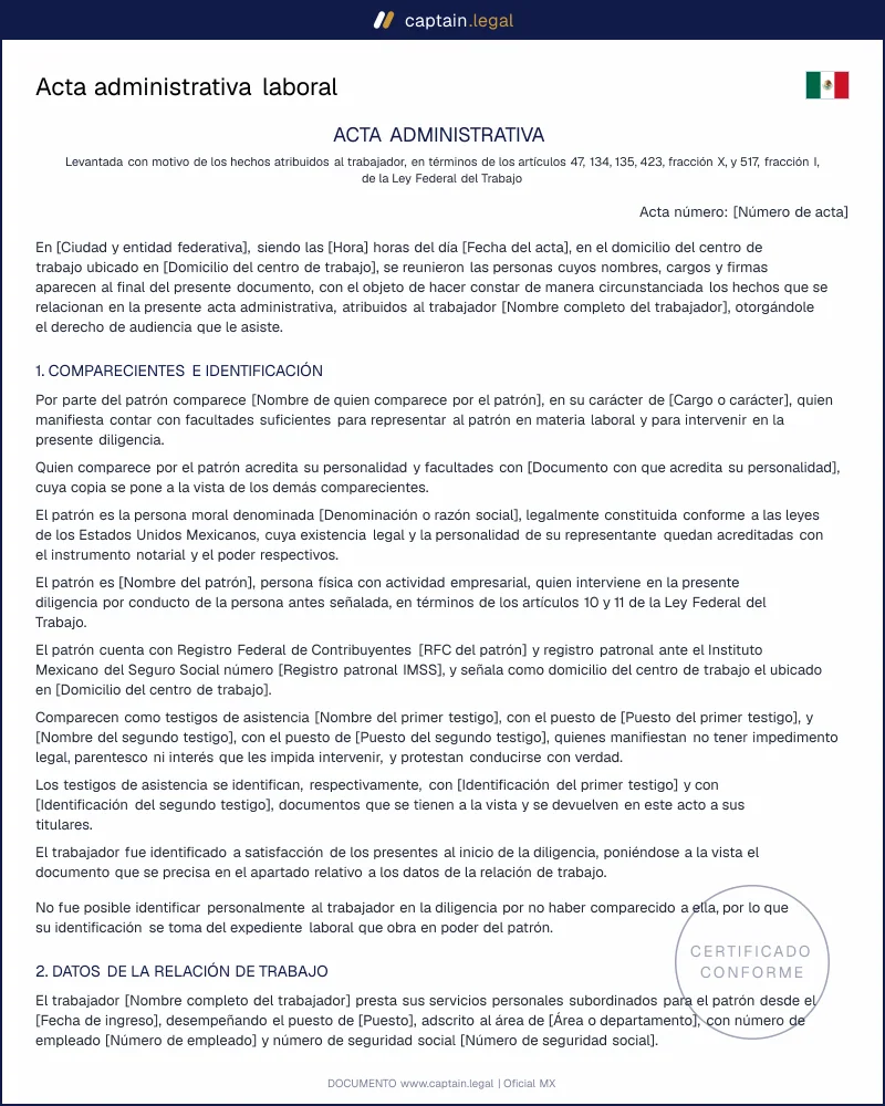Acta administrativa | Arts. 47 y 517 LFT | Word y PDF