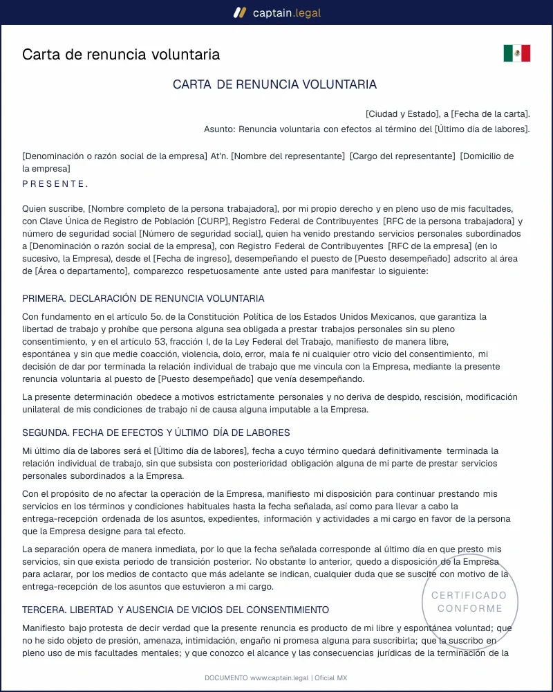 Carta de renuncia voluntaria | Art. 53 LFT | Word y PDF