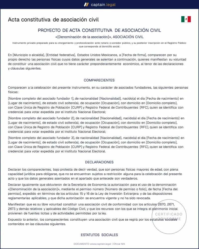 Acta constitutiva A.C. | Arts. 2670-2687 CCF | México