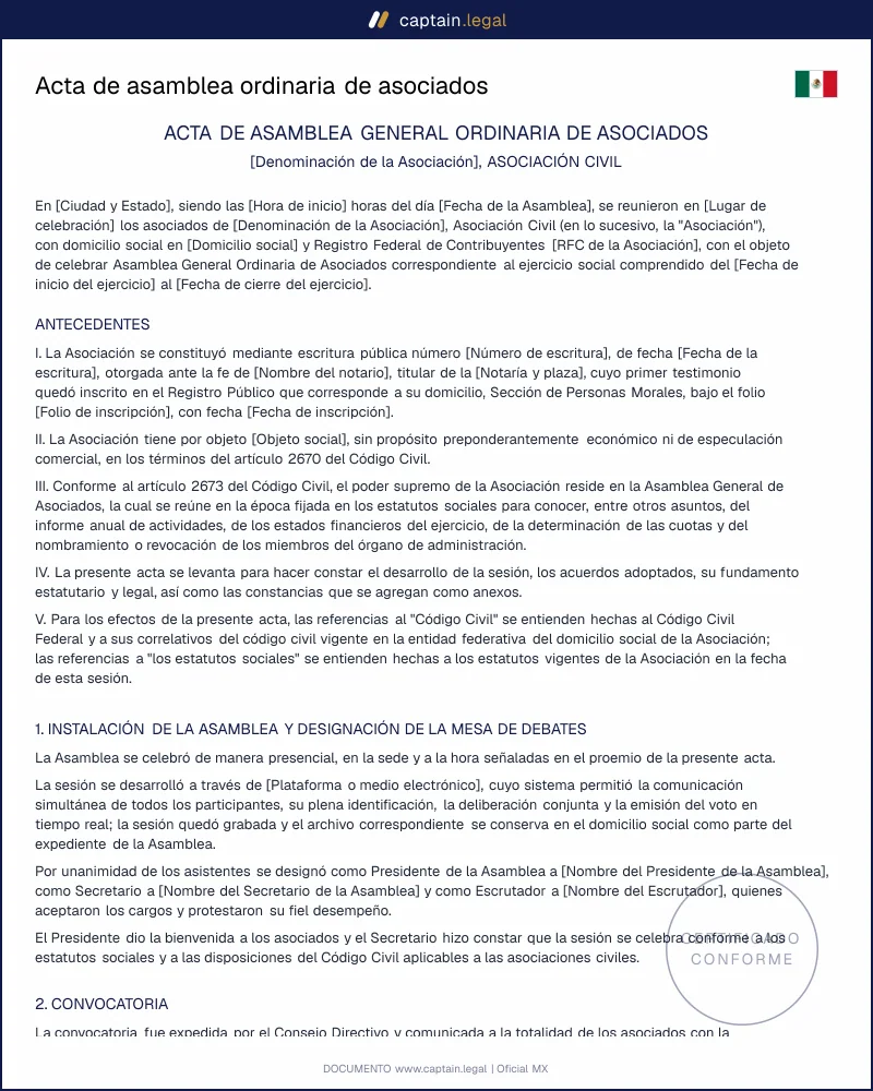 Acta de asamblea de asociados | Art. 2674 CCF | Word