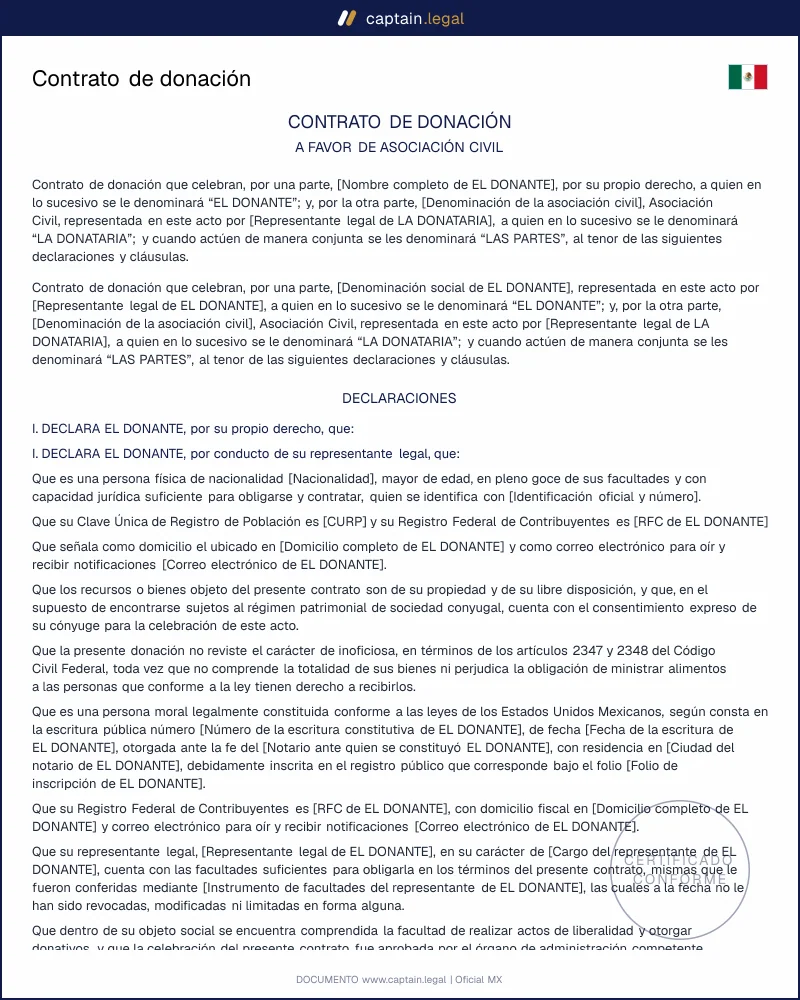 Contrato de donación | Art. 2332 CCF | Word y PDF