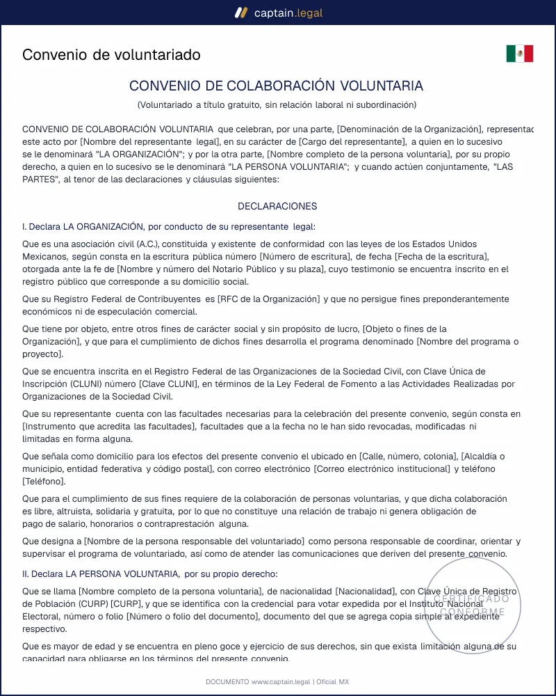 Convenio de voluntariado | Art. 1858 CCF | Word y PDF