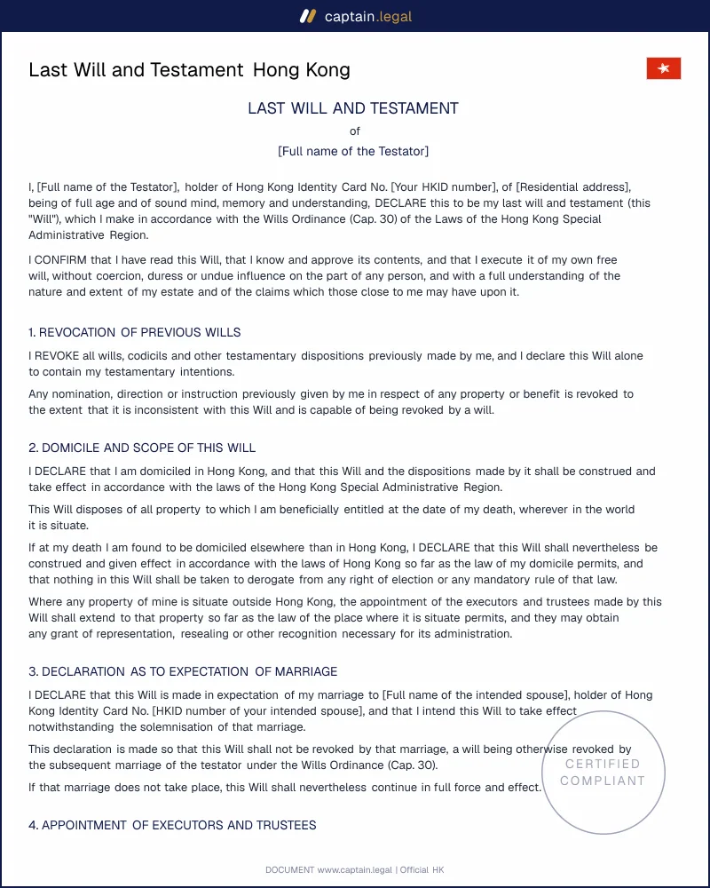 Will Template Under the Wills Ordinance (Cap. 30) HK