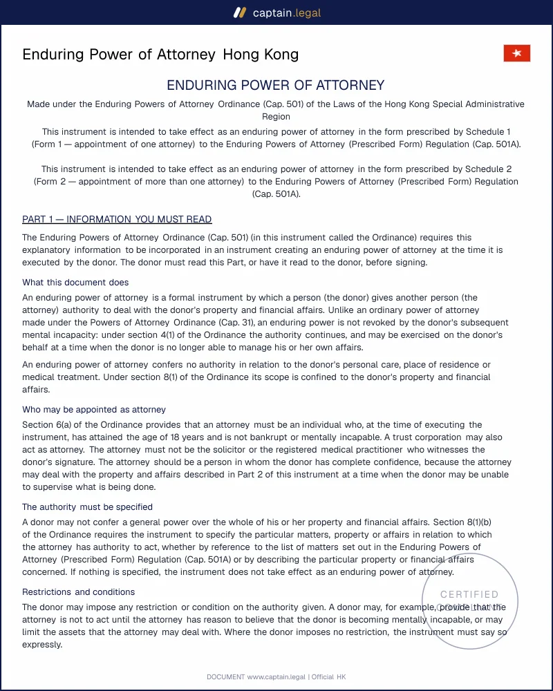 Enduring Power of Attorney Cap. 501: Prescribed Form HK