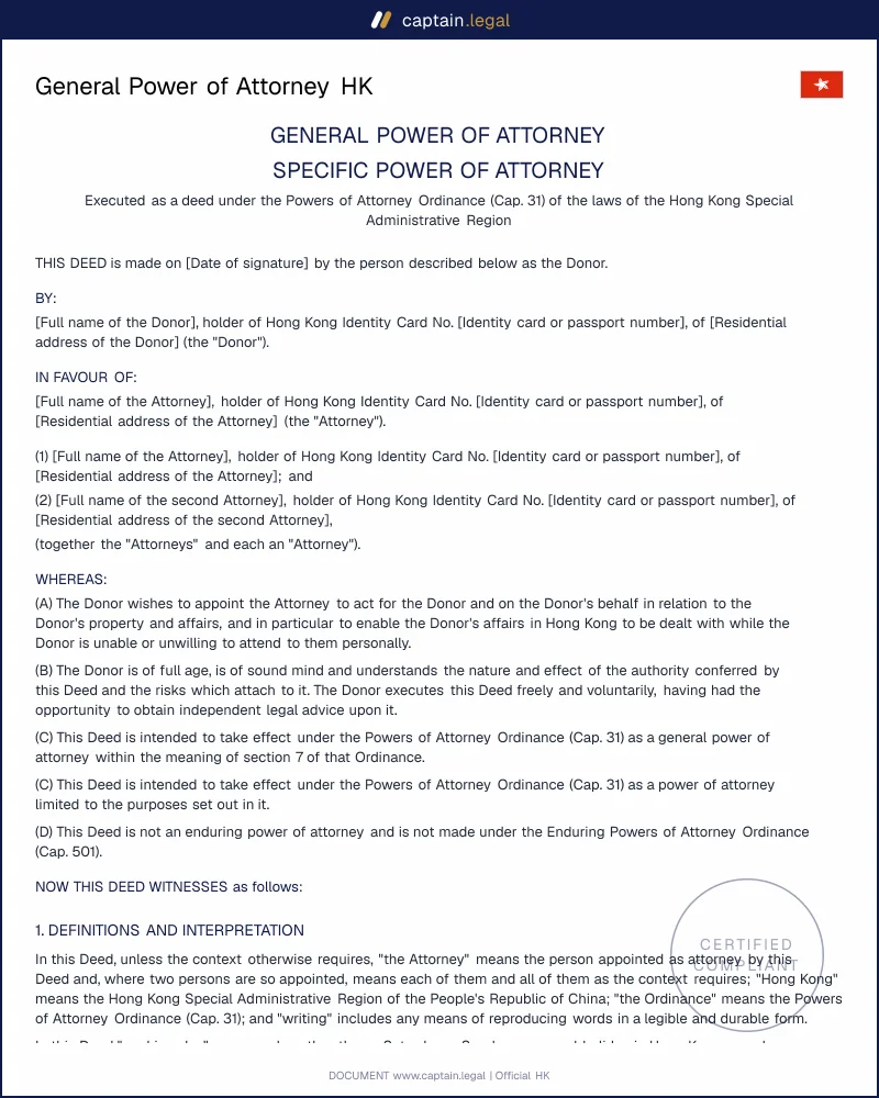 General Power of Attorney HK: Cap. 31 Deed Template