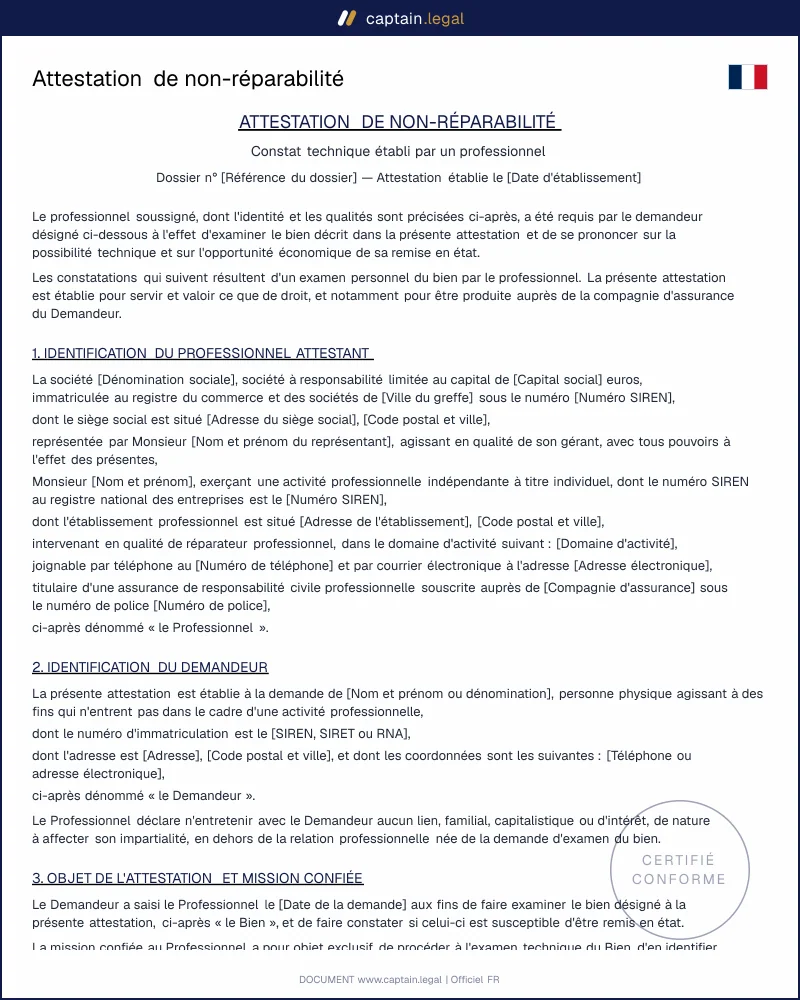 Attestation de non-réparabilité : art. 1353 Code civil