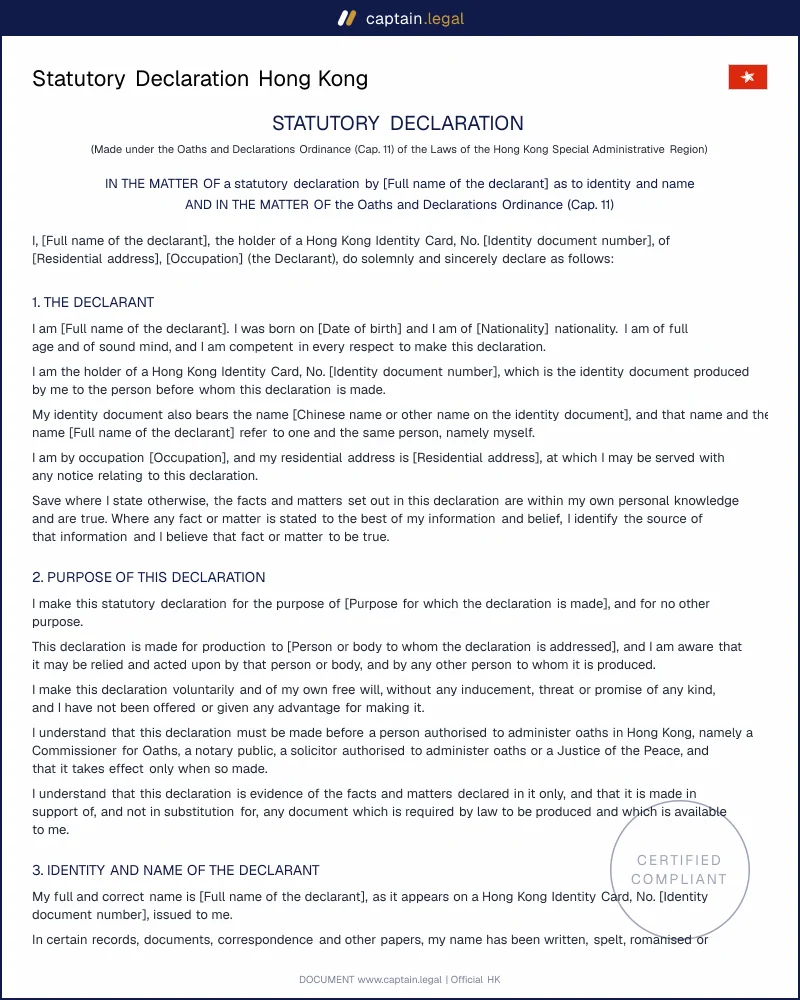 Statutory Declaration Cap. 11: Hong Kong Jurat Template