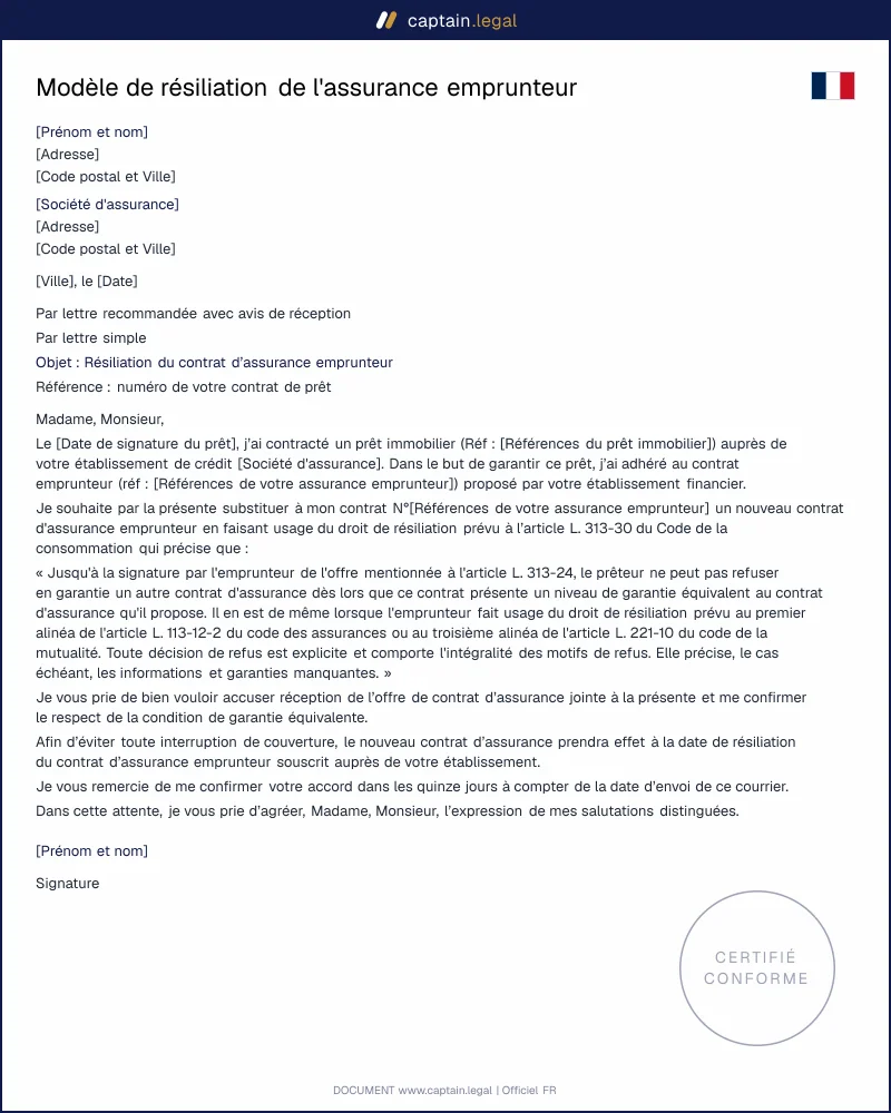 Lettre de résiliation de l'assurance emprunteur