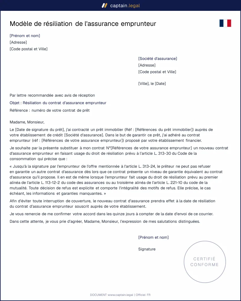 Lettre de résiliation de l'assurance emprunteur