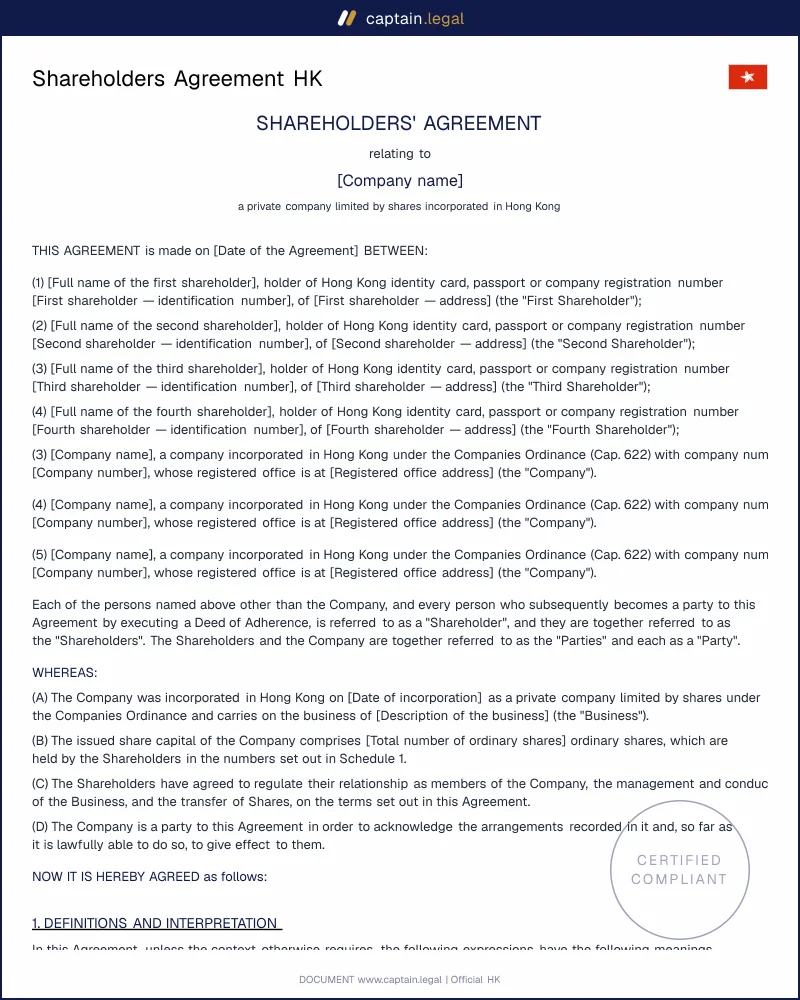Shareholders Agreement HK: Companies Ordinance Cap. 622
