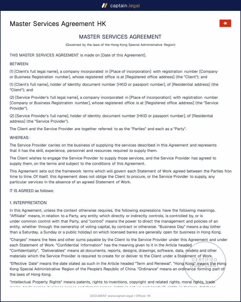 Master Services Agreement HK: Cap. 457 and Cap. 71