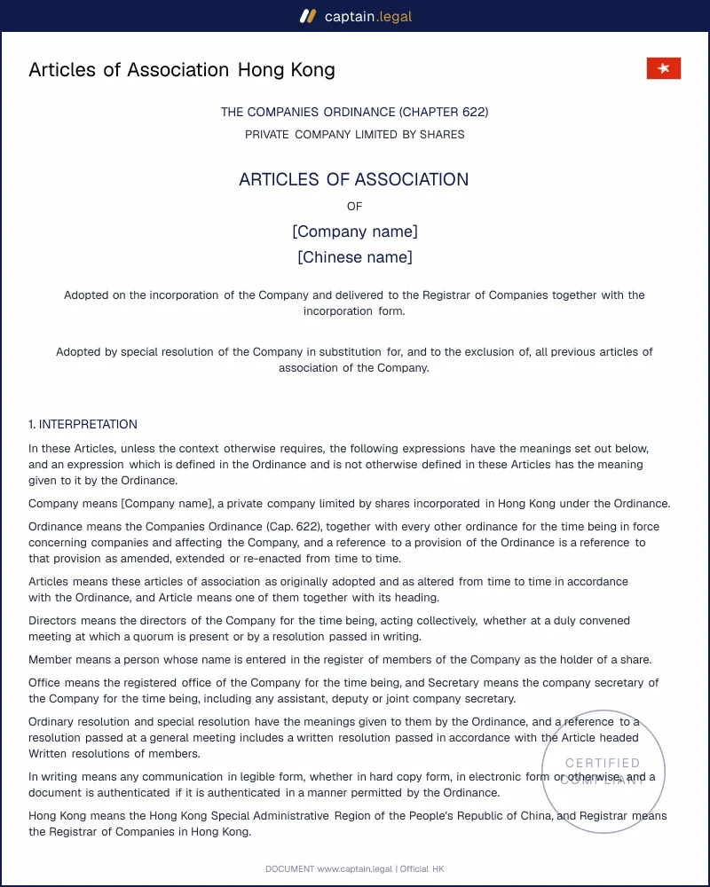 Articles of Association HK: Companies Ordinance Cap. 622