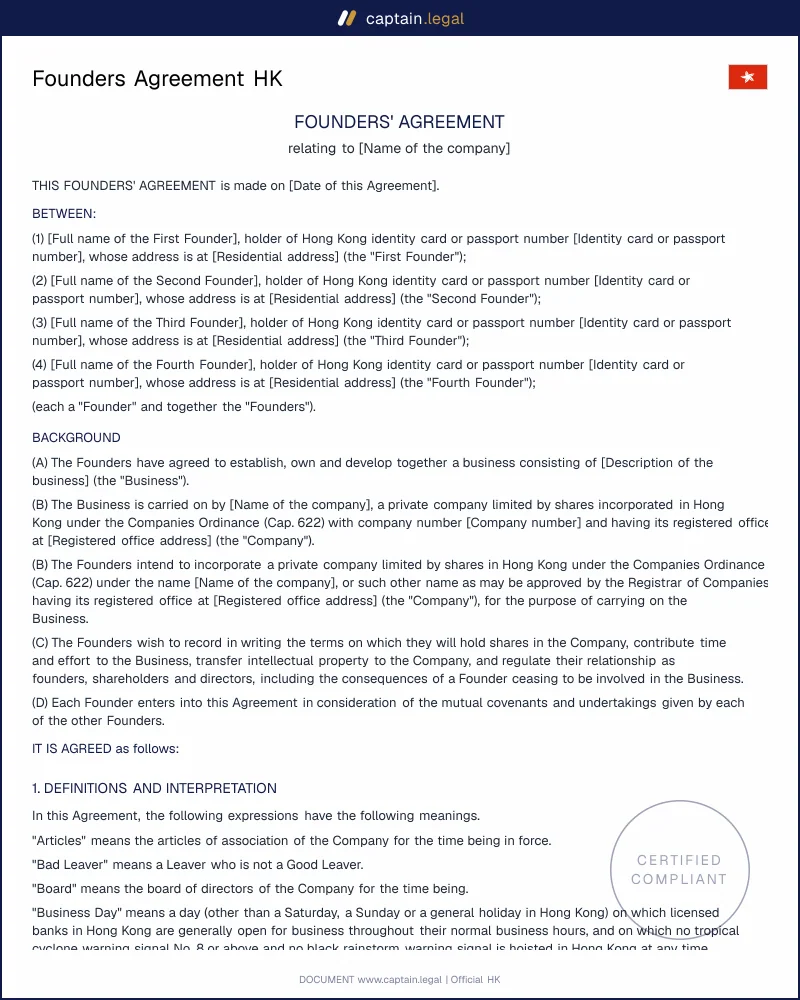 Founders Agreement HK: Companies Ordinance Cap. 622