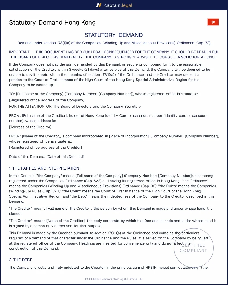 Statutory Demand HK: Cap. 32 s.178 Form 1A Notice