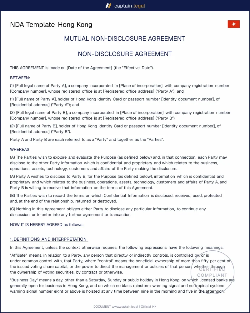 NDA Hong Kong: Confidentiality Agreement, Cap. 486