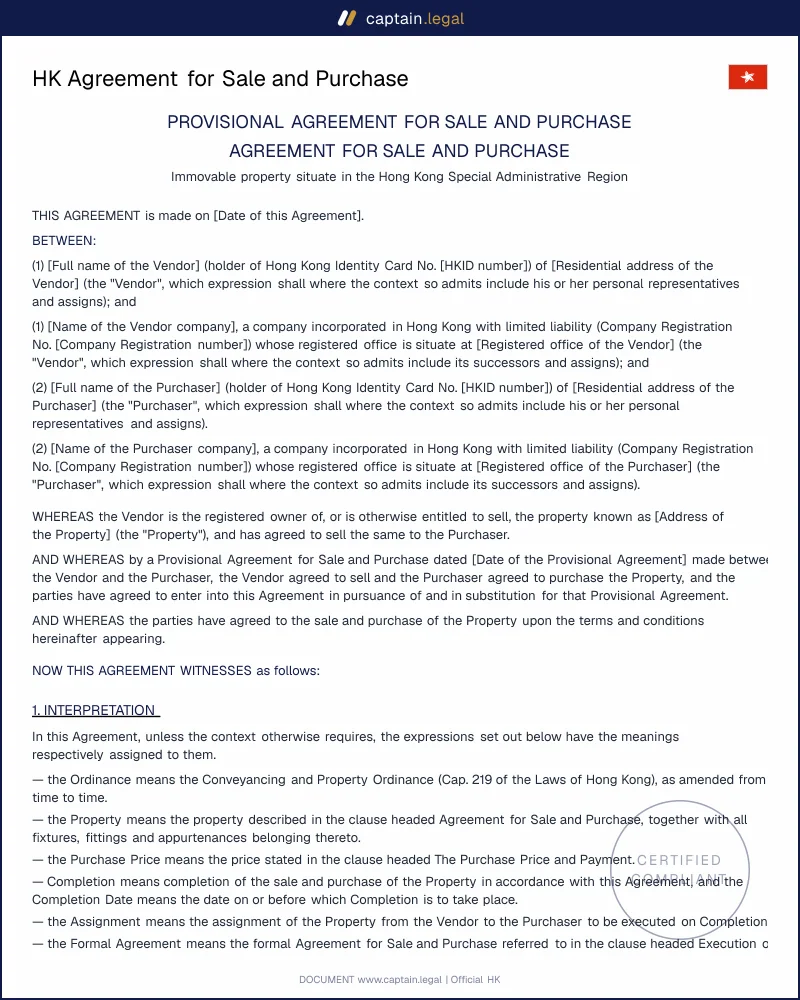 HK Agreement for Sale and Purchase: Cap. 219 Template