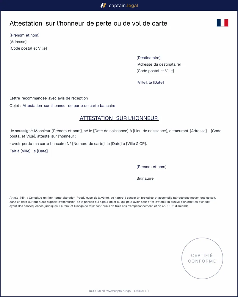 Attestation sur l'honneur de perte ou de vol de carte